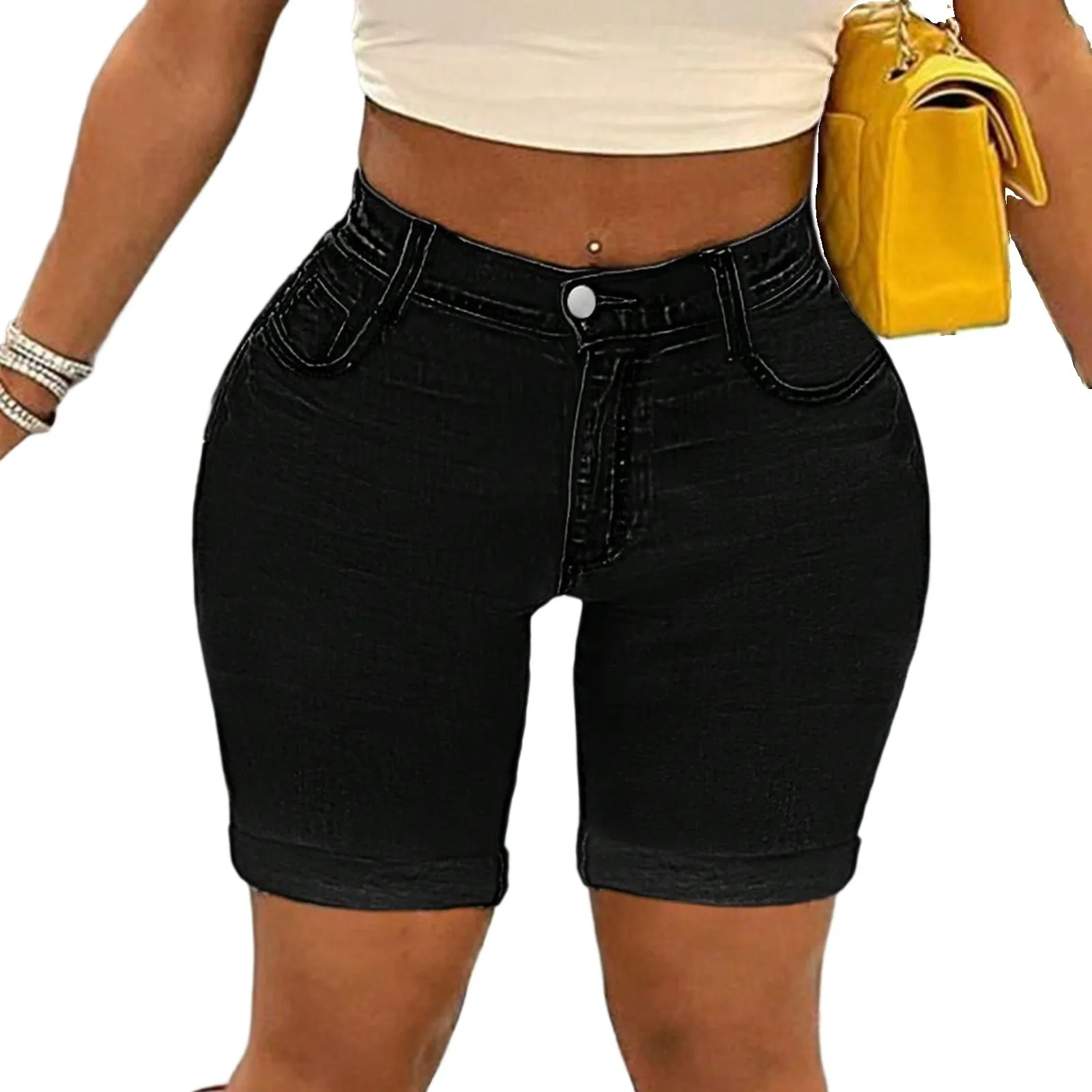 Dżinsy Damskie Vintage Szorty Do Kolan Elastyczne Z Wysokim Stanem Sprane Postarzane Kieszenie Denim Proste Krótkie Spodnie Streetwear