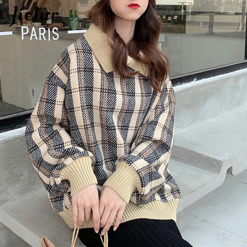 Patchwork Lapel Plaid Hoodies Women Loose Apricot All-match Sweatshirt Winter Black Hooded Pullover Long Sleeve Femme Top