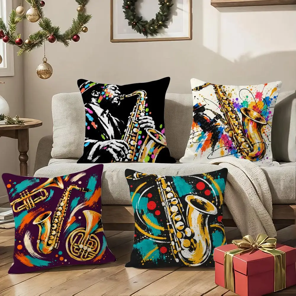 Jazz Instruments Cushion Cover 1/4Pcs Soft Plush Throw Pillow Cover Double-Sided Print Sofa Living Room Decor