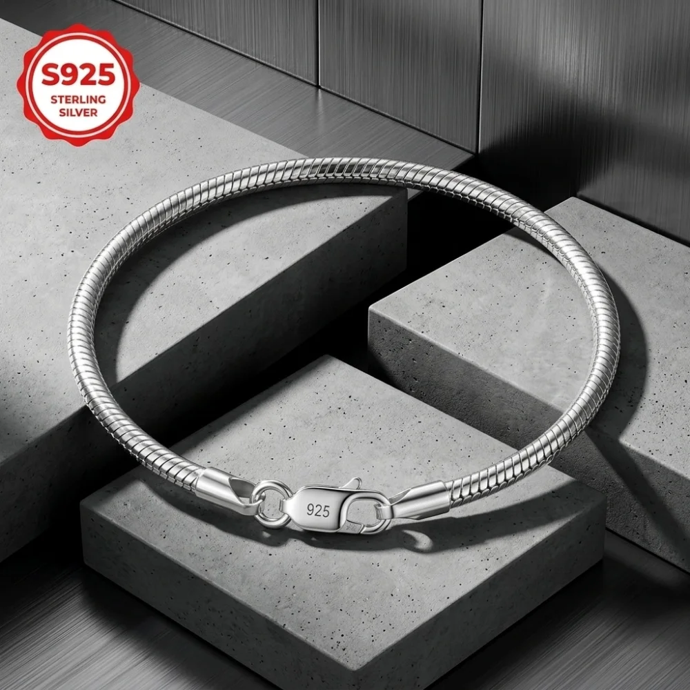 925 Sterling Silver Couple 3/4mm Snake Chain Bracelet Women Luxury Dinner Party 0 Bracelet Jewelry Gift