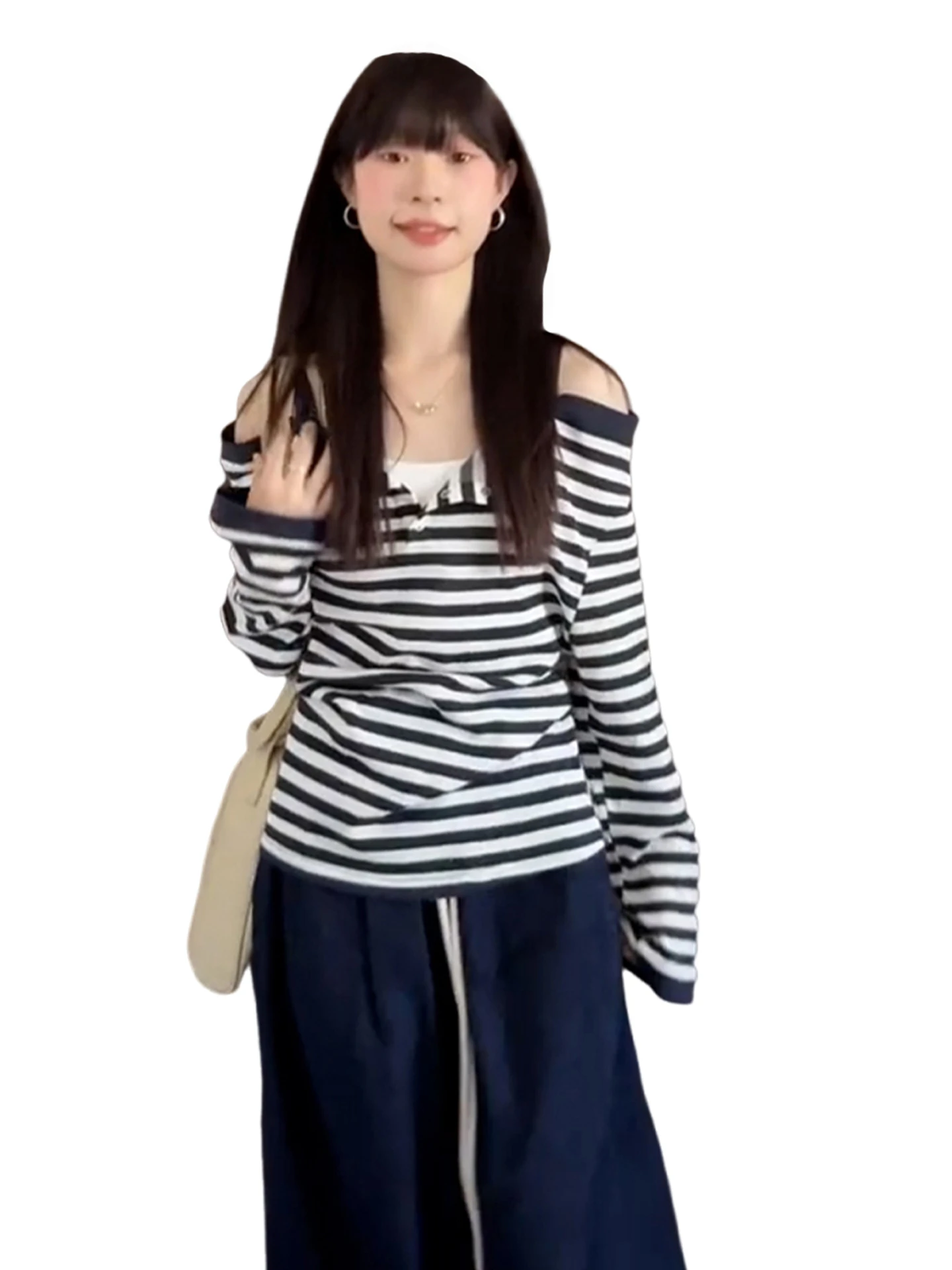 한국 스타일 스트라이프 롱 숄더 노출 티셔츠 여성용 초가을 신상 달콤하고 매운 스타일 페이크 투피스 탑