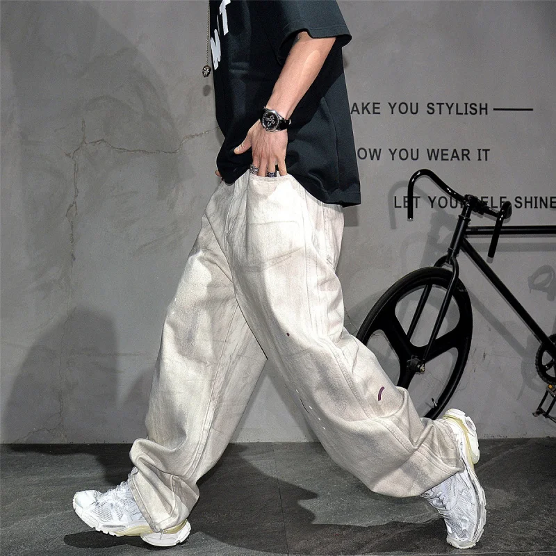 American High Street Vibe Paint Splatter Distressed Straight Leg Jeans Men, Wasteland Style Loose Stacked Pants