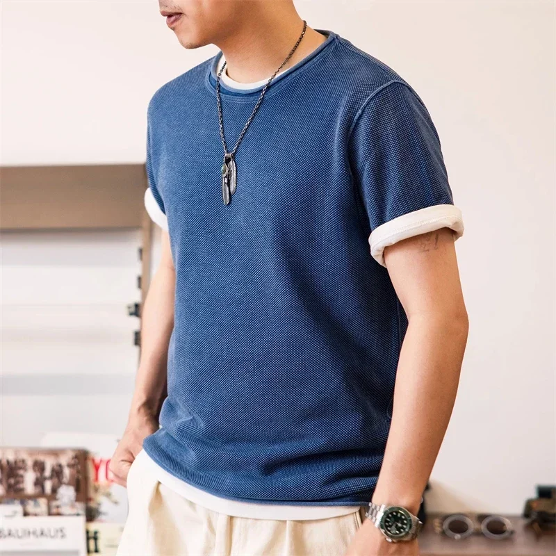 Red Tornado Indigo Sashiko Tee Shirt Vintage Fashion Men\'s Short Sleeve Knitwear