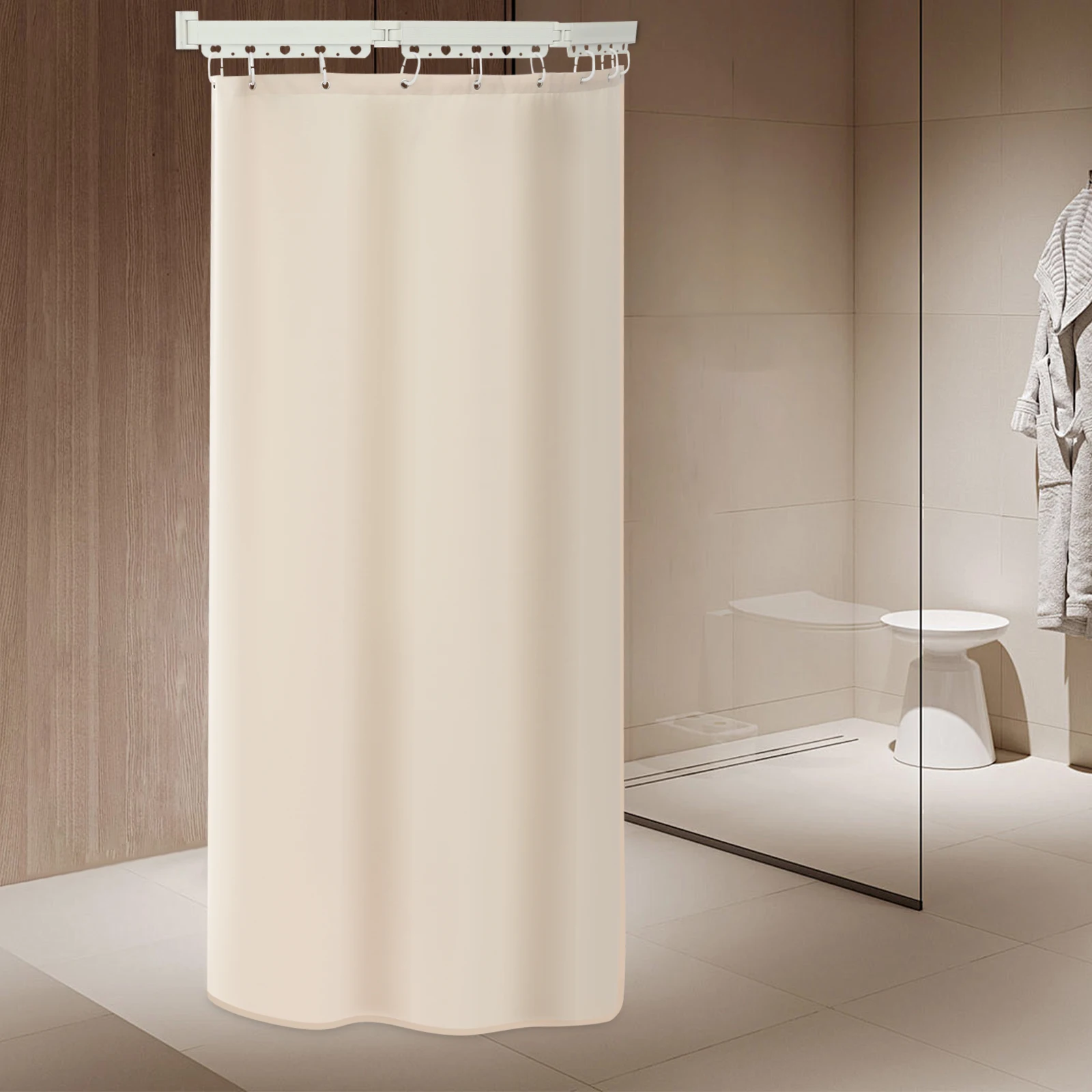 

Beige Shower Curtain Set, Wall-Mounted Folding Shower Curtain Rod, Waterproof Bathroom Divider Curtain Set (4-fold Rod, Beige)