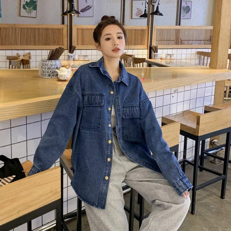 Spring Autumn New Loose Versatile Soft Denim Shirt Coat Thick Material Women Cowboys Jackets