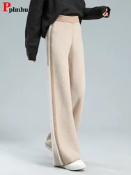 Womens Knit Herringbone Wide Leg Pants High Waist Wool Knitted Straight Pantalon Elegant Thick Warm Baggy Spodnie Big Size 85kg