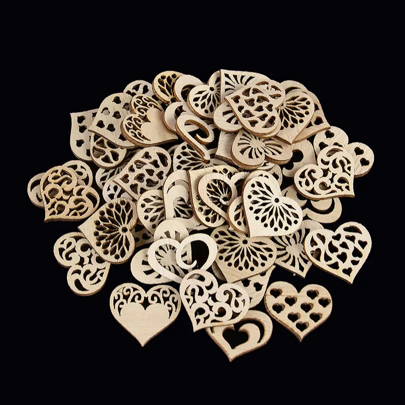 50Pcs Serce Wióry Drewniane Miłość Drewniane Rękodzieło Dekoracja Weselna Scrapbooking Dekoracja Stołu Weselnego Materiały eksploatacyjne