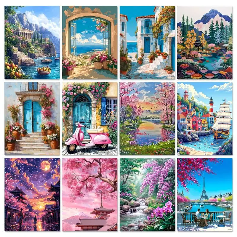 CHENISTORY Bilder nach Zahlen, Bäume, Landschaft, DIY-Rahmen, Malen nach Zahlen, Pariser Straße auf Leinwand, DIY-Heimdekoration, DIY-Geschenk