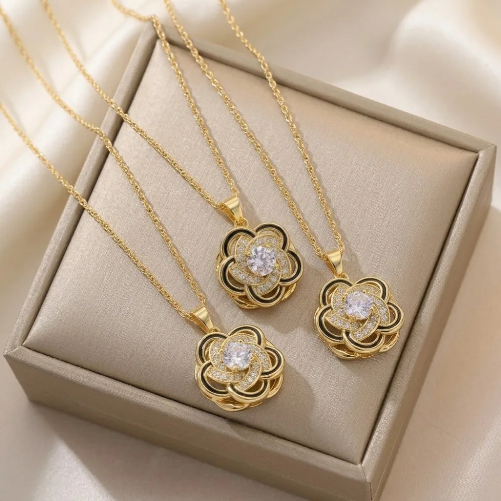 Romantic Temperament Stainless Steel 360° Rotatable Flower Zircon Pendant Necklace for Women Weddings High Quality Jewelry Gifts