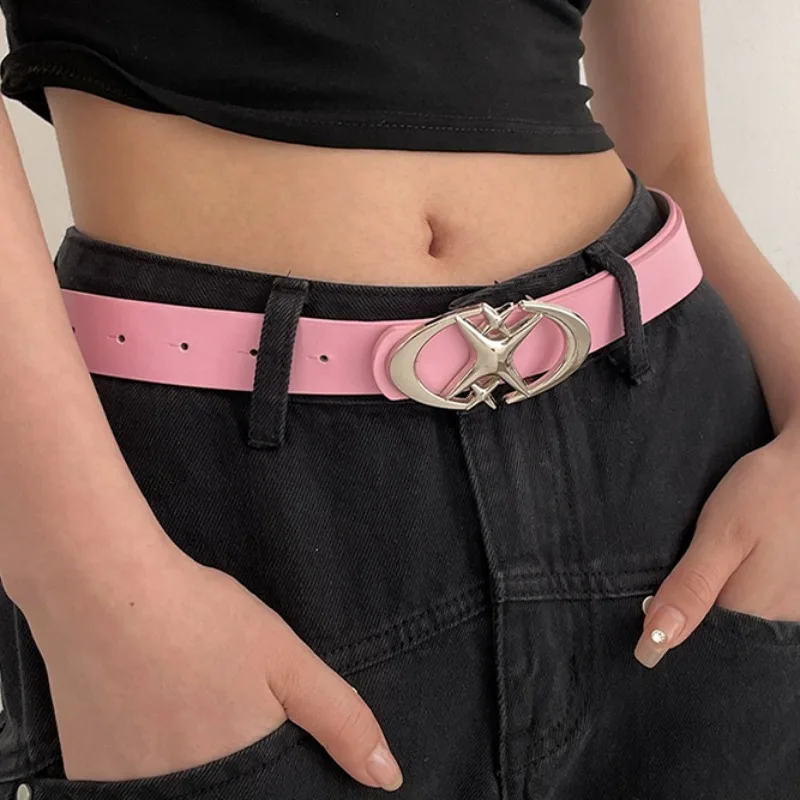 

Y2K Punk Shiny Star Belts Women Girl Metal Moon Leather Waist Band Daily Versatile Pentagram Solid Color Belts Fashion Accessory