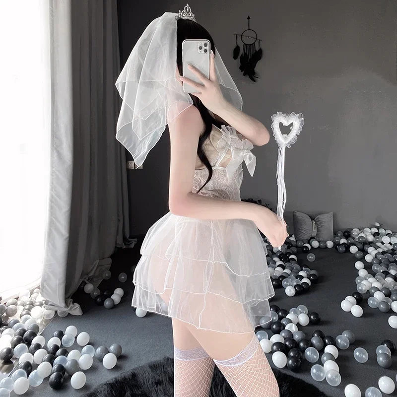 ชุดแต่งงานเครื่องแต่งกายอะนิเมะคอสเพลย์สำหรับผู้หญิงชุดเดรสลูกไม้เปิดเป้าสำหรับเจ้าสาวชุดเสื้อแขนยาวชุดชั้นในเซ็กซี่