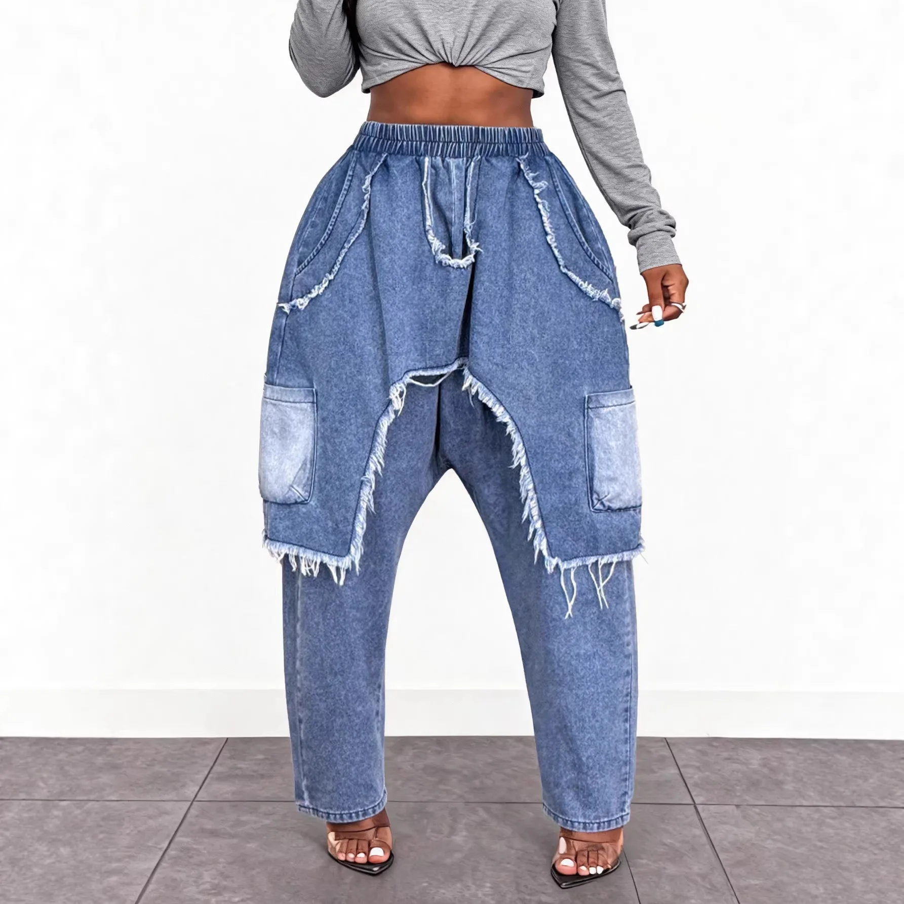 Harem Pants Jeans Women Ripped Elastic Waist Patchwork Pockets Ankle Length Trousers Female Distressed Vintage Denims Streetwear