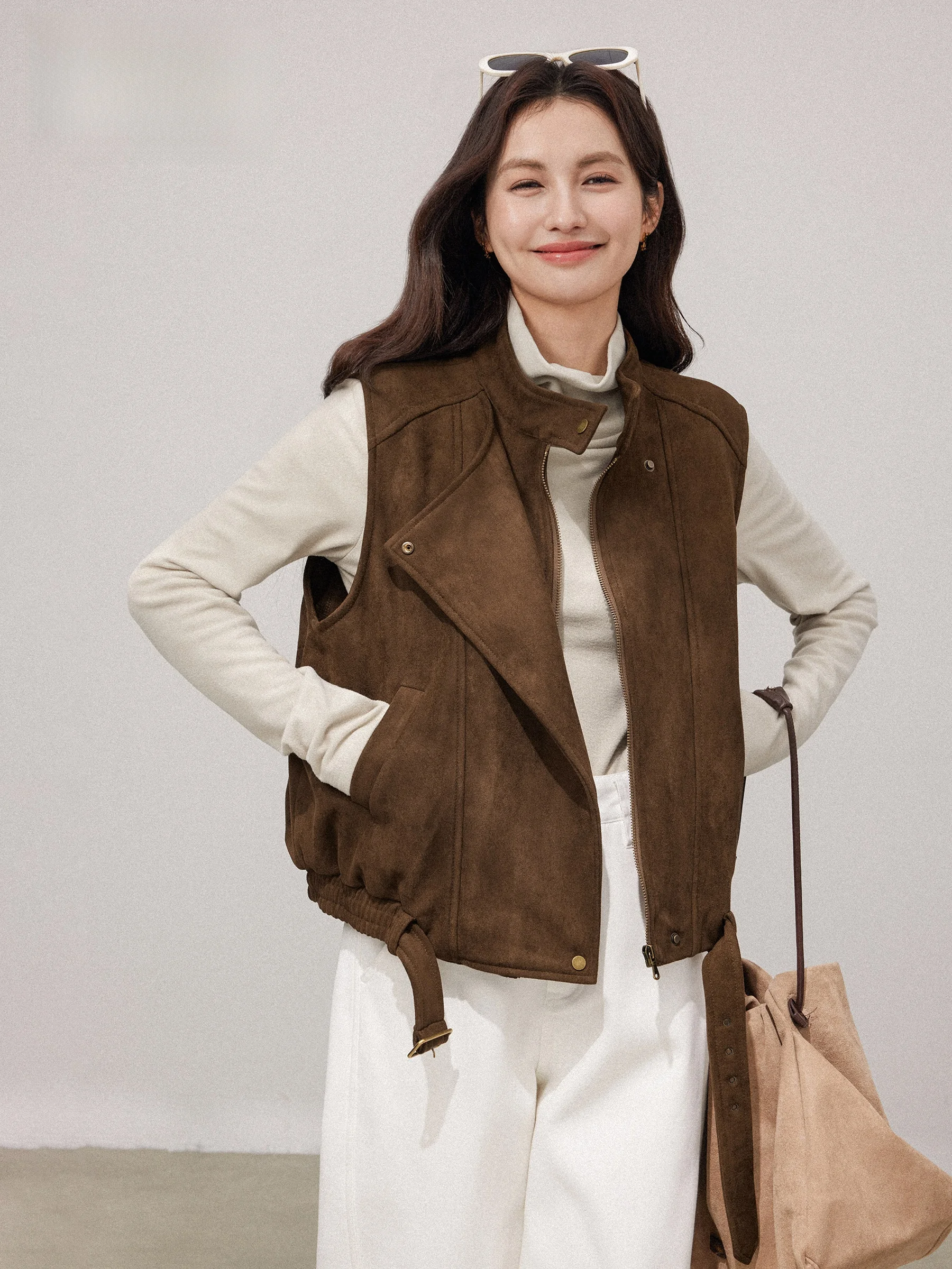 

Retro Suede Vest Women's Loose Sleeveless Stand Collar Jacket Outerwear Autumn Winter Warm Zipper Closure Color