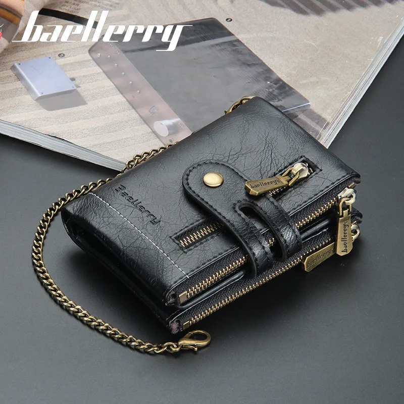 2023 New Baellerry Men's Short Wallet European and American Double Zipper Coin Purse Multi-card Three-fold Wallet