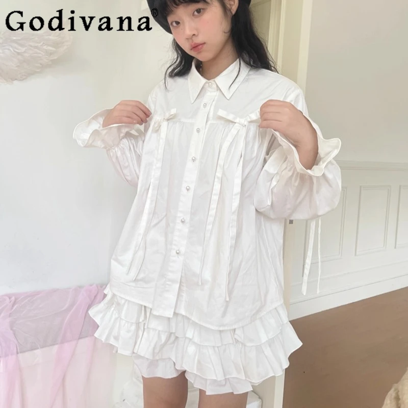 

Милая повседневная рубашка с длинными пышными рукавами и бантом, весна-лето, универсальный возрастной топ в стиле Лолиты для девочек с отложным воротником