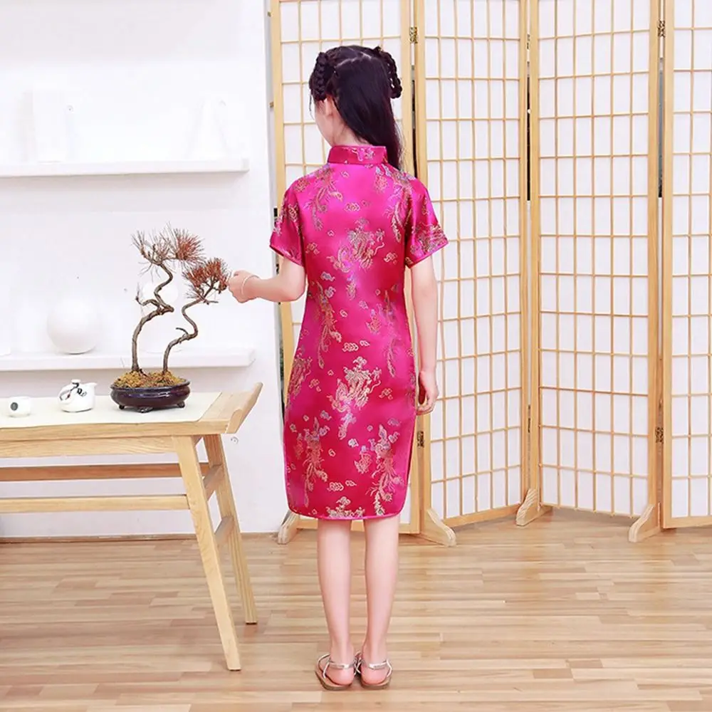 Phoenix Pattern Girl Gift Niche Design Summer Girls Skirt  Traditional Dress Qipao Chinese Style Dress Girls Cheongsam