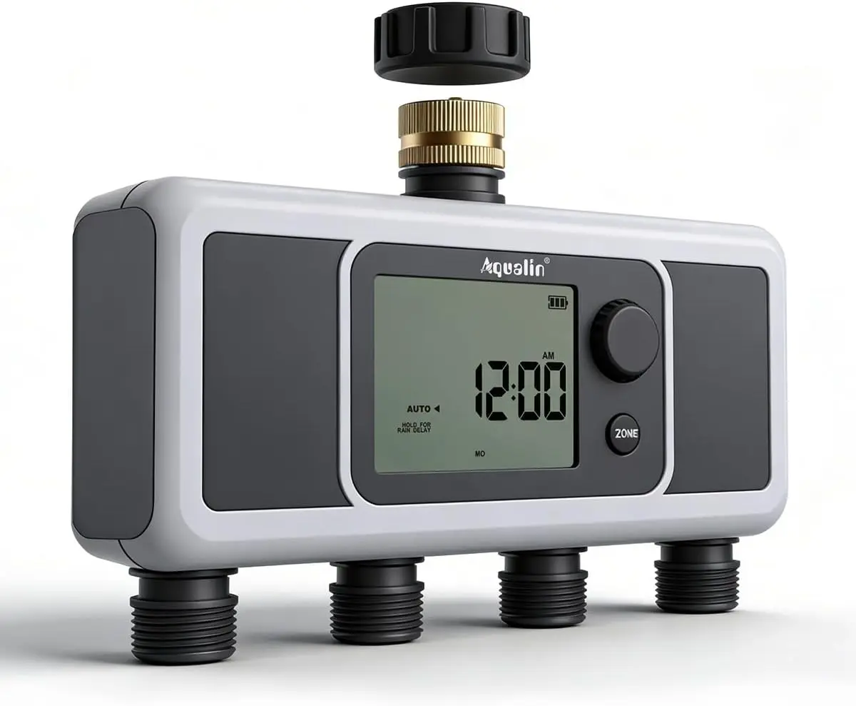 Temporizador de Riego Automático Aqualin de 4 Salidas, con Entrada de Latón, Temporizador de Aspersores, 4 Zonas, Controlador de Sistemas de Riego para Jardín