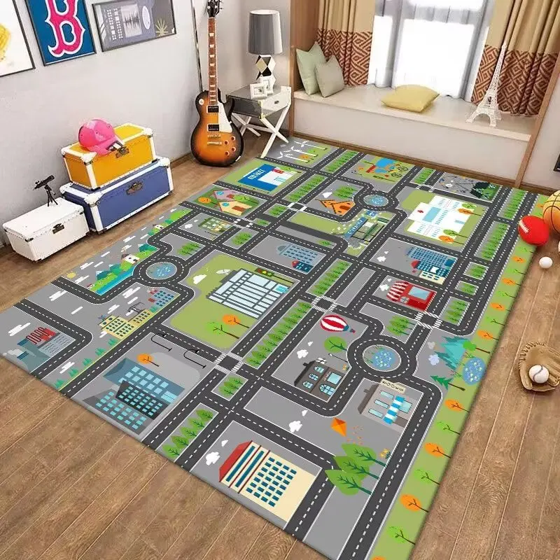 Alfombra de carretera educativa de tráfico para niños, decoración para sala de estar, juego para niños, alfombrilla antideslizante para gatear,