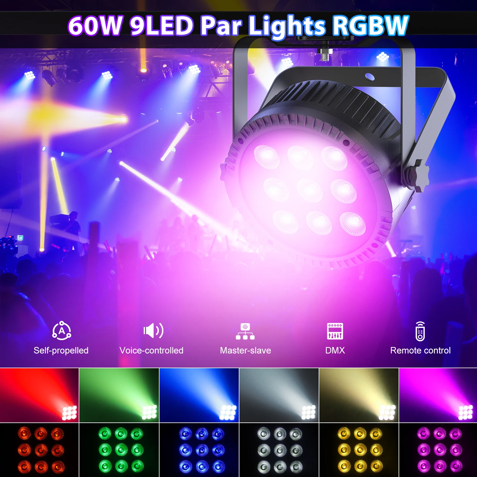 4PCS 9LEDs Par Light RGBW 4in1 Stage Effect Lighting Projector Remote Control DJ Party Lights for Disco Concert Wedding Theater