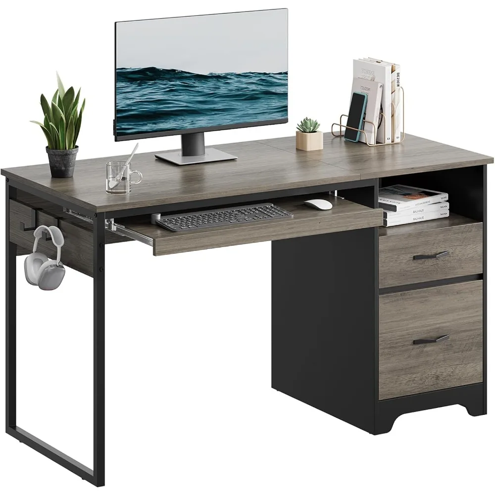 

48” Computer Desk with Drawers, Office Desk with Storage, Industrial Wood Writing Desk with File Drawer, Keyboard Tray & 2 Hooks