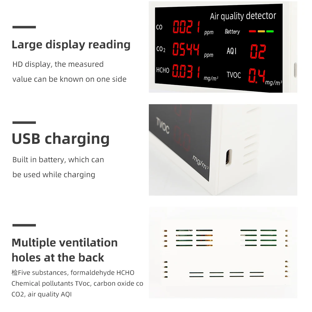 Multifunctional Gas Pollution Monitor Air Quality Detector CO/CO2/HCHO/AQI/TVOC Tester for Household Carbon Monoxide Meter