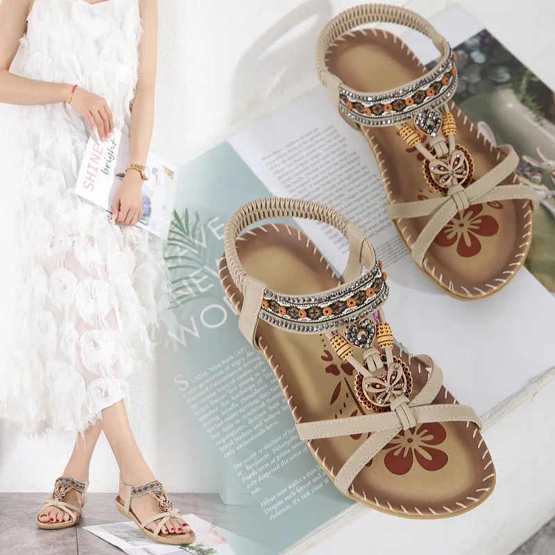 Women Rhinestone Flower Sandals Bohemia Style Light Slippers Thick Sole Large Size Slippers Open Toe Shoes Chaussures Femme