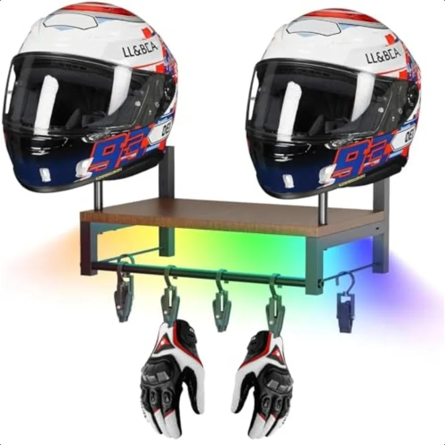 

Helmet Holder Wall Mount with RGB Light Dual Motorcycle Helmet Hanger with 6 Glove Clips Rustic Gear Storage Rack for Motorcycl