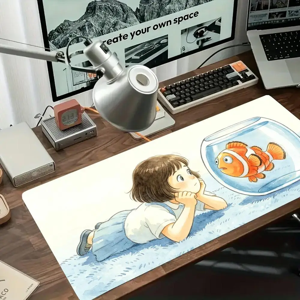 Cute Watercolor Kids Aquarium Fish Tank Art mousepad Non‑Slip Natural Rubber Table Mat For Laptop Office Desktop Bedroom Games