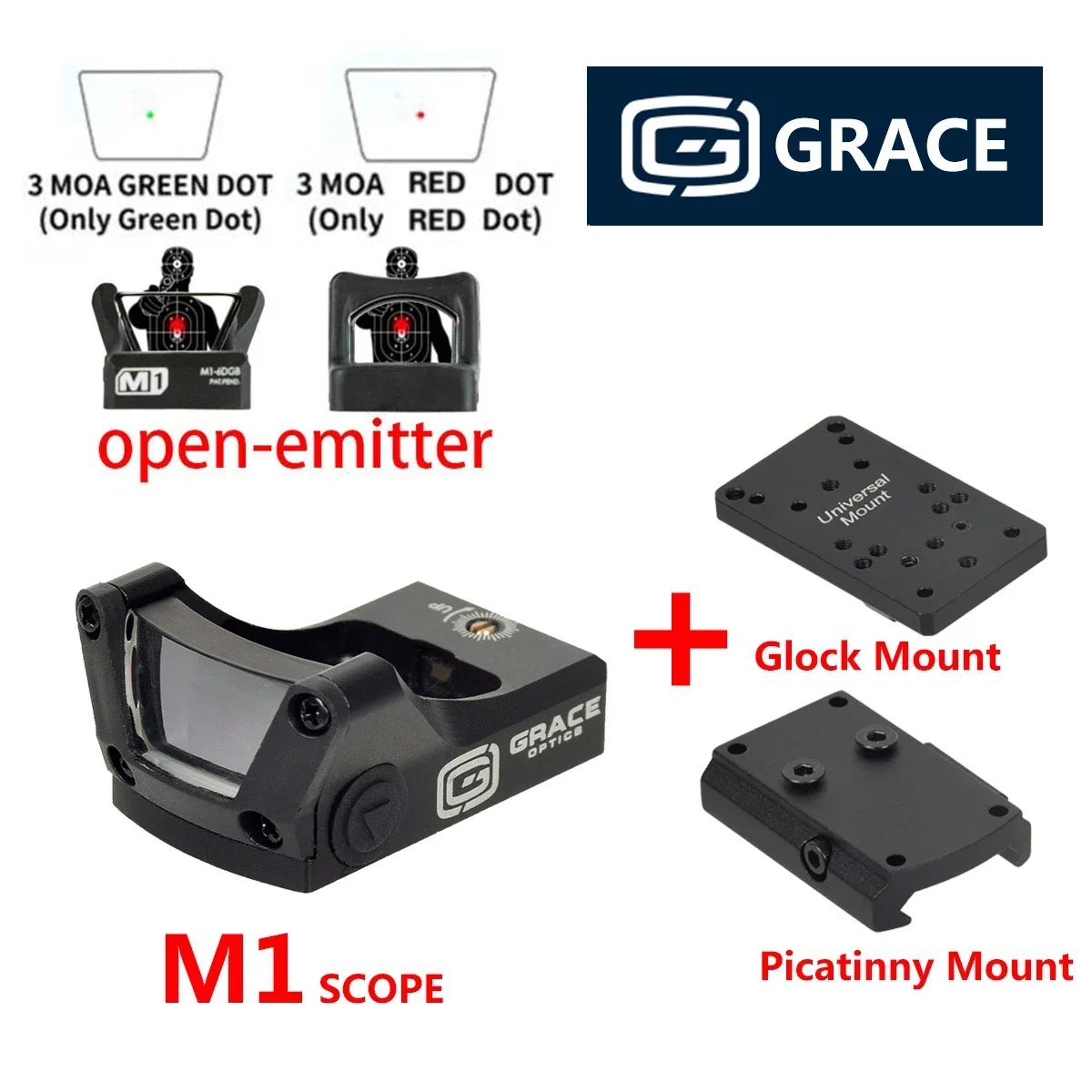 

Tactical Grace M1 Red Dot Reflex Sight Scope With Picatinny Rail And Universal Glock Mount Plate Airsoft RMR Riflescope