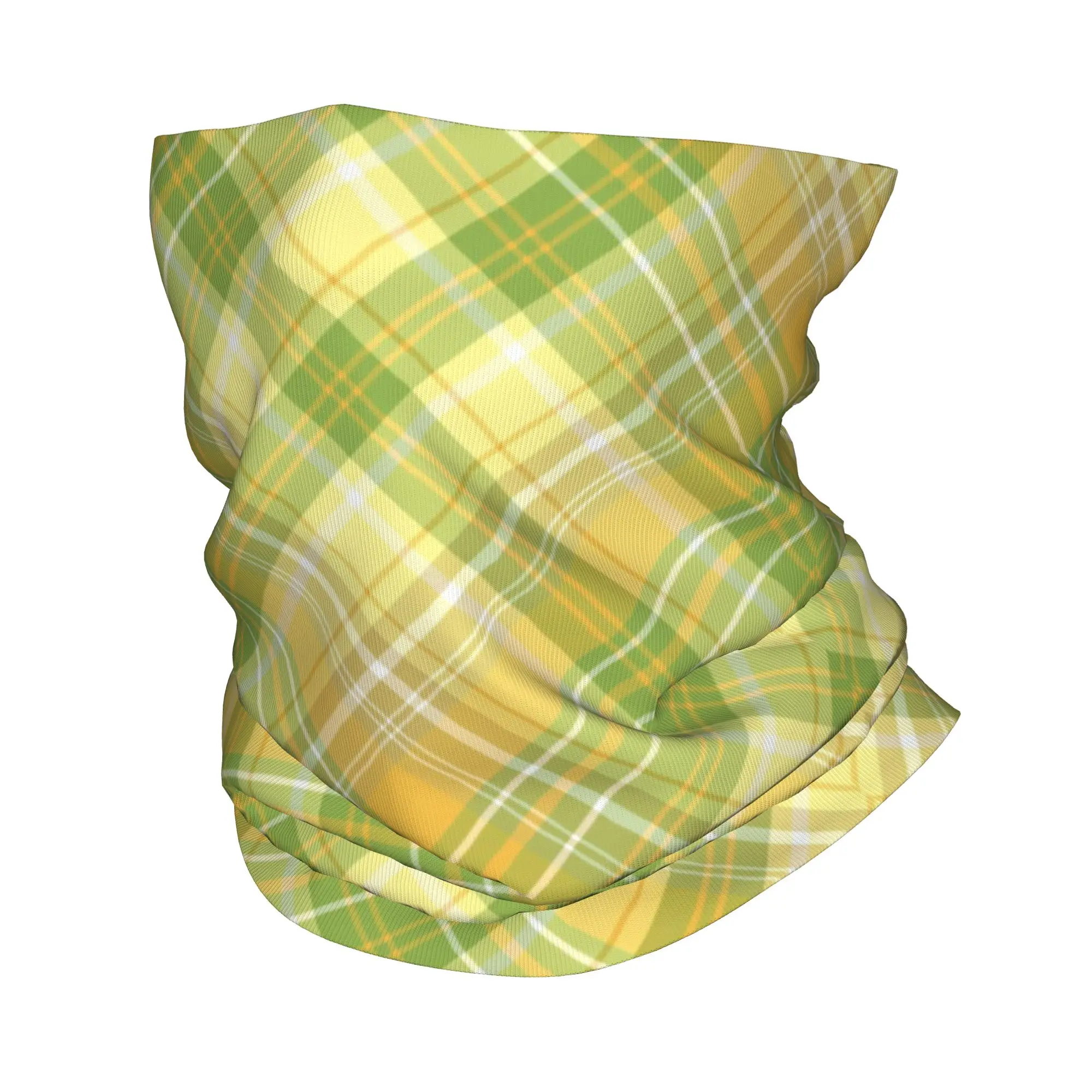 Yellow And Green Plaid Design Bandana Neck Cover Printed Mask Scarf Balaclava Hiking Fishing Unisex Adult Winter view 3