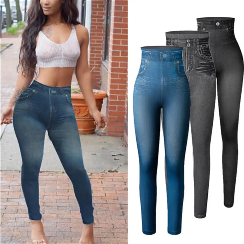 Women Jeggings Faux Denim Jeans Leggings High Waist Tummy Control Pencil Pants Sexy Plus Elastic Jeggings Soft Casual Thin Pants