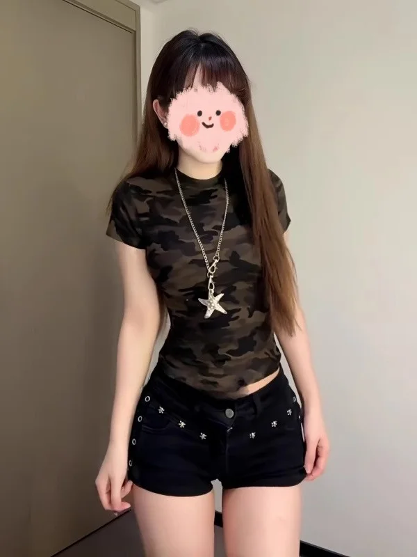 

Slim Fit ort Sve round Ne American Sle Hot Girl Camouflage T-irt Women's Summer New Faion plus Size Top