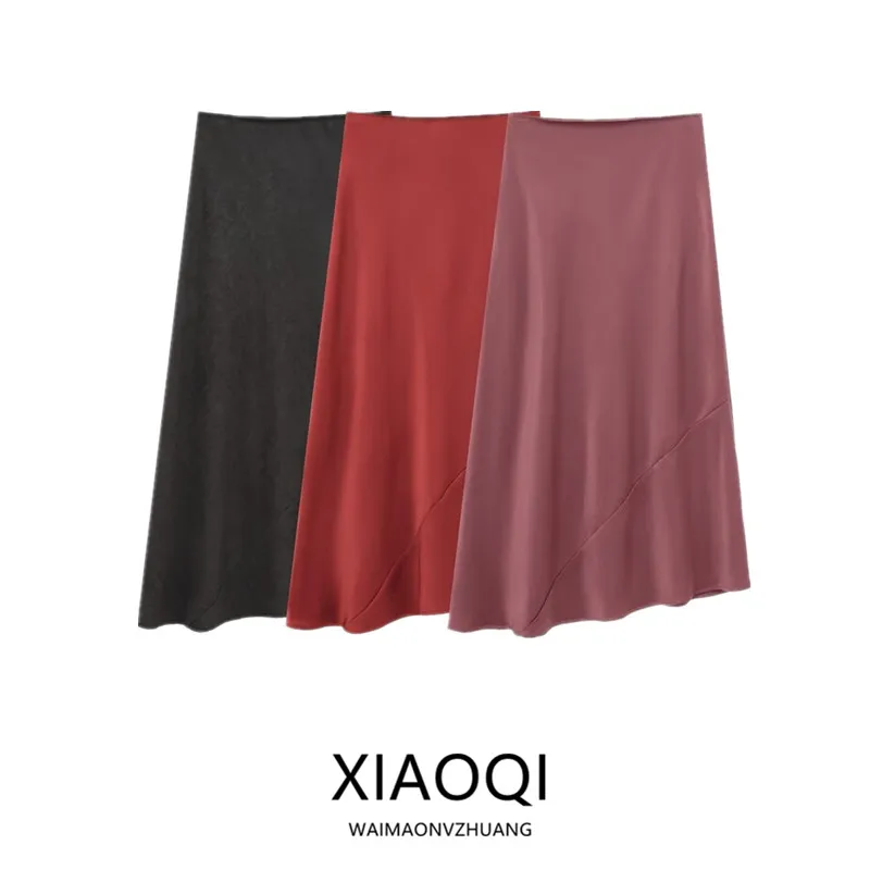 

Women's Faion Midi Skirt 2024 Autumn Winter New Arrival Silk Blend Satin Feel mid Waist Versatile Sle Quali Design