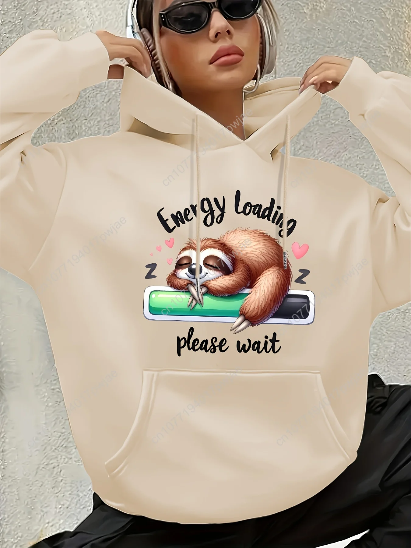 Женская милая толстовка с буквенным принтом ленивца — уютный пуловер с длинными рукавами и карманом-кенгуру, идеально подходит для осенне-зимней повседневной одежды