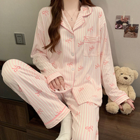 Pink Bow Dtie Design Pajamas for Women Long Sleeve Top & Elastic Waist Pants Pajamas Set Harajuku Style Casual New Home Wear