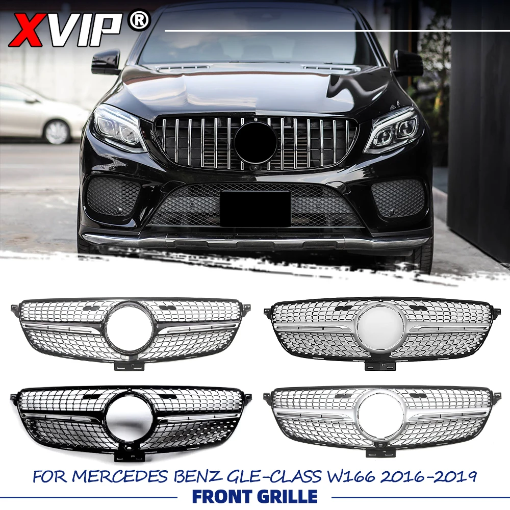 XVIP Chrom Schwarz Diamanten-Stil Oberer Kühlergrill Silberner Grill für Mercedes Benz GLE-Klasse W166 2016-19 GLE350 GLE400 GLE450 GLE550