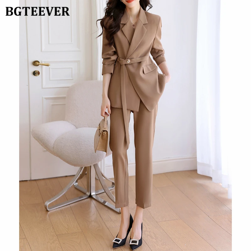 

BGTEEVER Autumn Ladies Trousers Suits Long Sleeve Belted Jacket Women High Waist Pencil Pants Women Pant Suits 2 Pieces Set