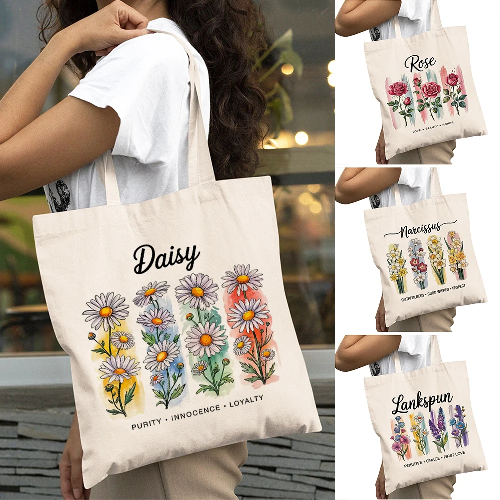 

Casual Daisy Flower Lady Shopper Bags Double Print Rose Pattern Women Daily use Shoulder Handbag Narcissus Girl Shopping Bag