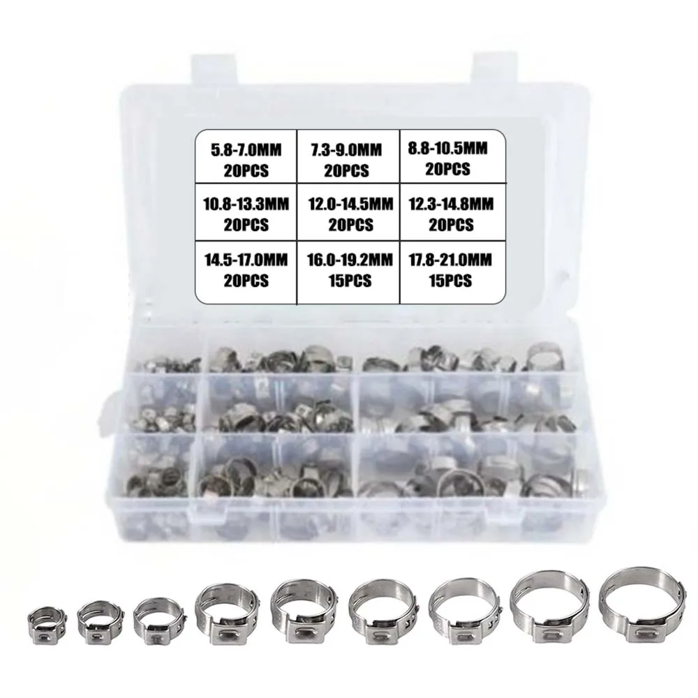 180 Stück 304 Edelstahl Einohr-Schlauchschelle 5,3–21 mm Crimp-Schlauchschellen-Sortiment-Set für Automobile, Haushaltsgeräte – Detail 1