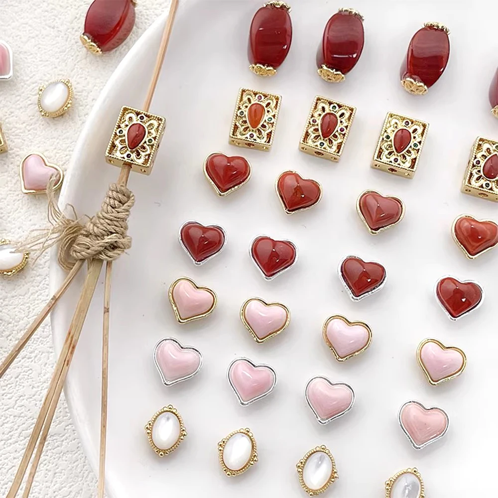 Brass Plated with Genuine Gold Inlaid Raw Stone Heart Shaped Retro Divider Beads DIY Jewelry Making Necklace Bracelet Accessory
