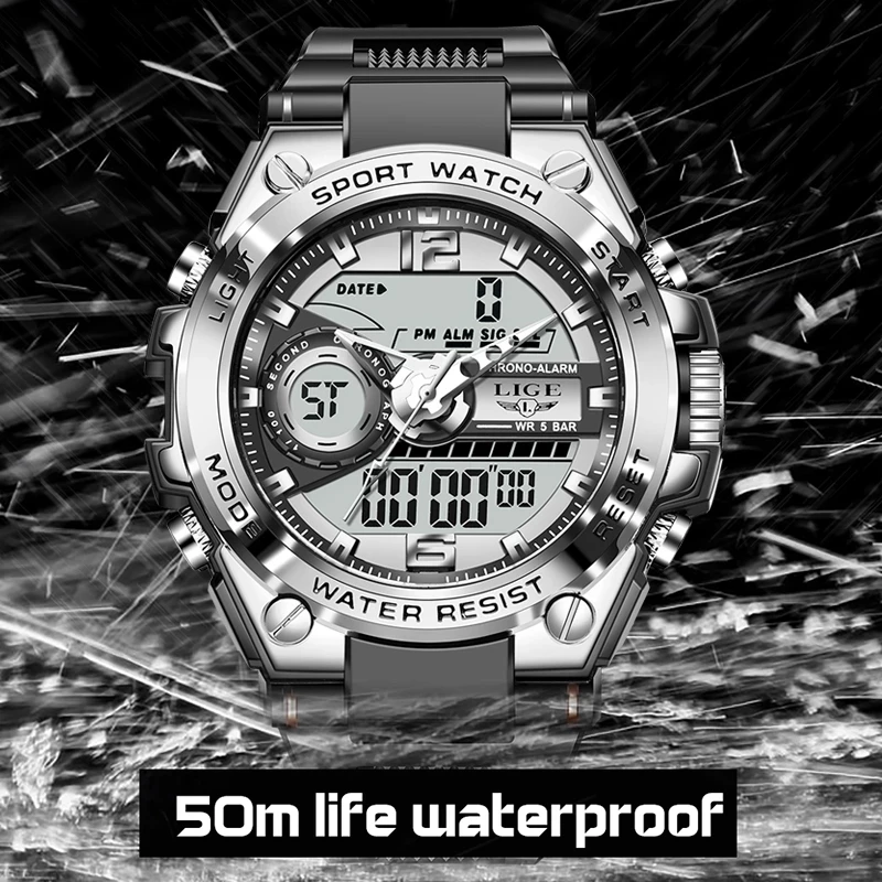 Reloj militar LIGE Digital para hombre, reloj de pulsera resistente al agua hasta 50m, reloj de cuarzo LED, reloj deportivo para hombre, relojes grandes para hombre, relojes masculinos