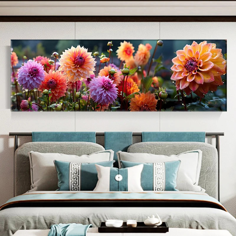 Autumn Dahlia Mix Flowers with Rain Drops Canvas Painting, Colorful Flower Posters, Garden Prints, for Living Room Decor, Quadro