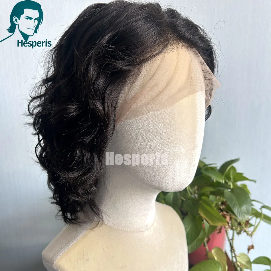 Hesperis لينة موجة الشعر البشري تأثيري الرجال الباروكات ارتداء اليومي موجة 13x6 الدانتيل الجبهة الباروكات للذكور أسود اللون رجل الباروكات الجزء الأوسط