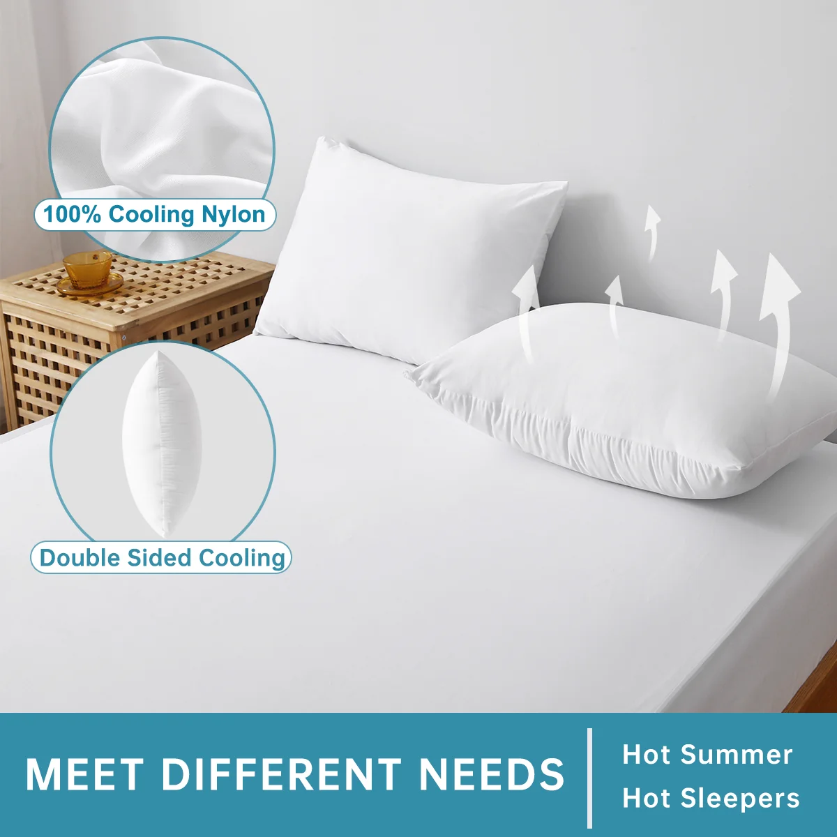 2pcs Cooling & Waterproof Pillowcases (Q-Max: 0.35) 100% Cooling Nylon Jacquard Pillow Cover with Zipper for Hot Sleepers Summer