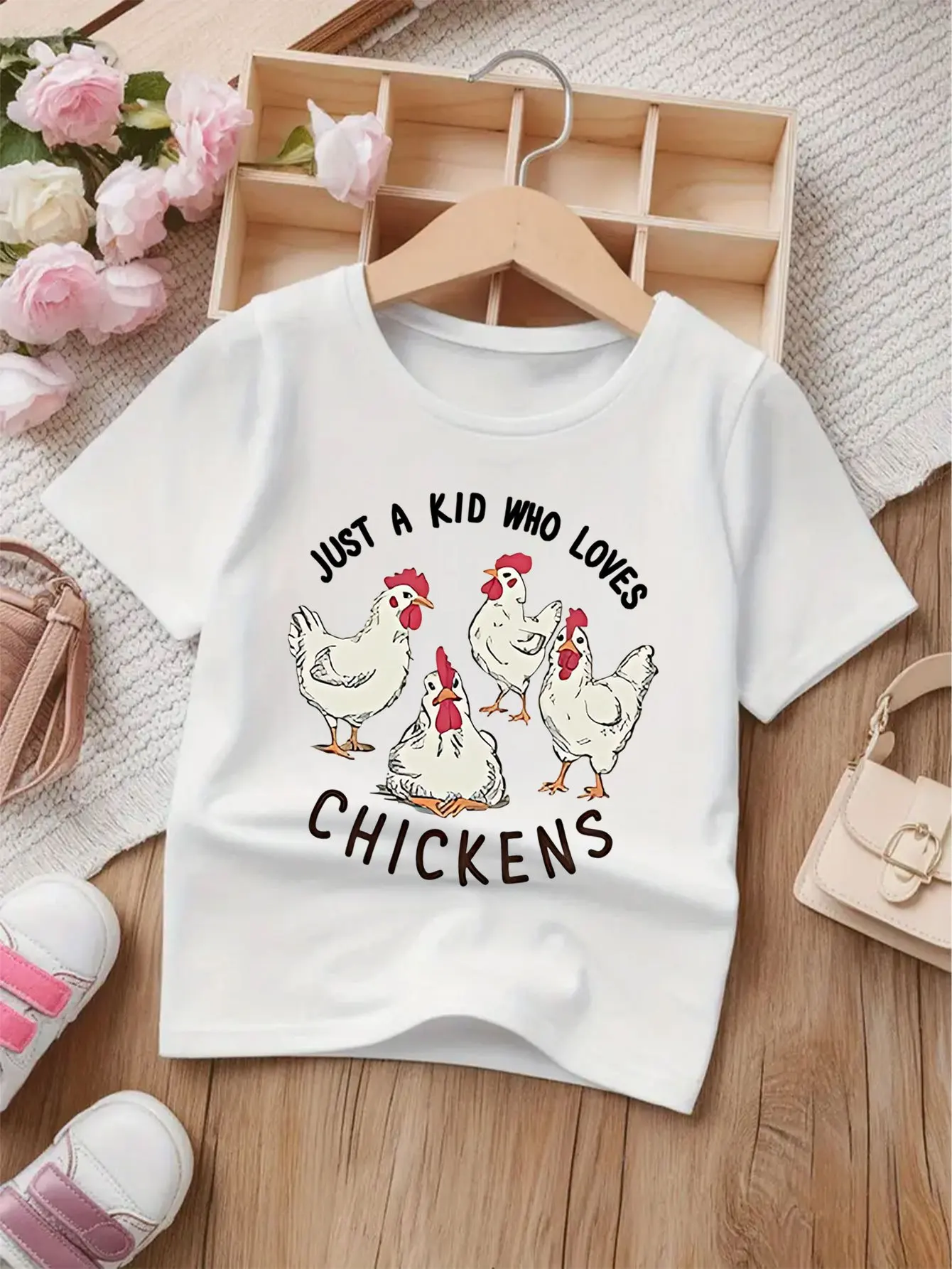 Cute Just A Kid Who Loves Chickens Print Family Matching T Shirt Boys Girls Short Sleeve Parent Child Soft Cotton Daily Tops
