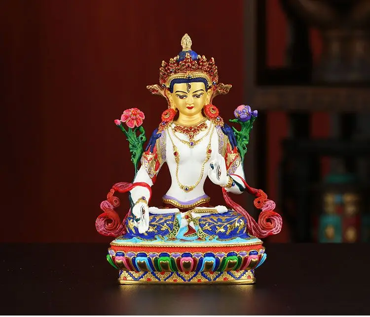 Buddhism high grade good Nepal Color drawing white Tara Guanyin Buddha copper statue HOME Temple efficacious