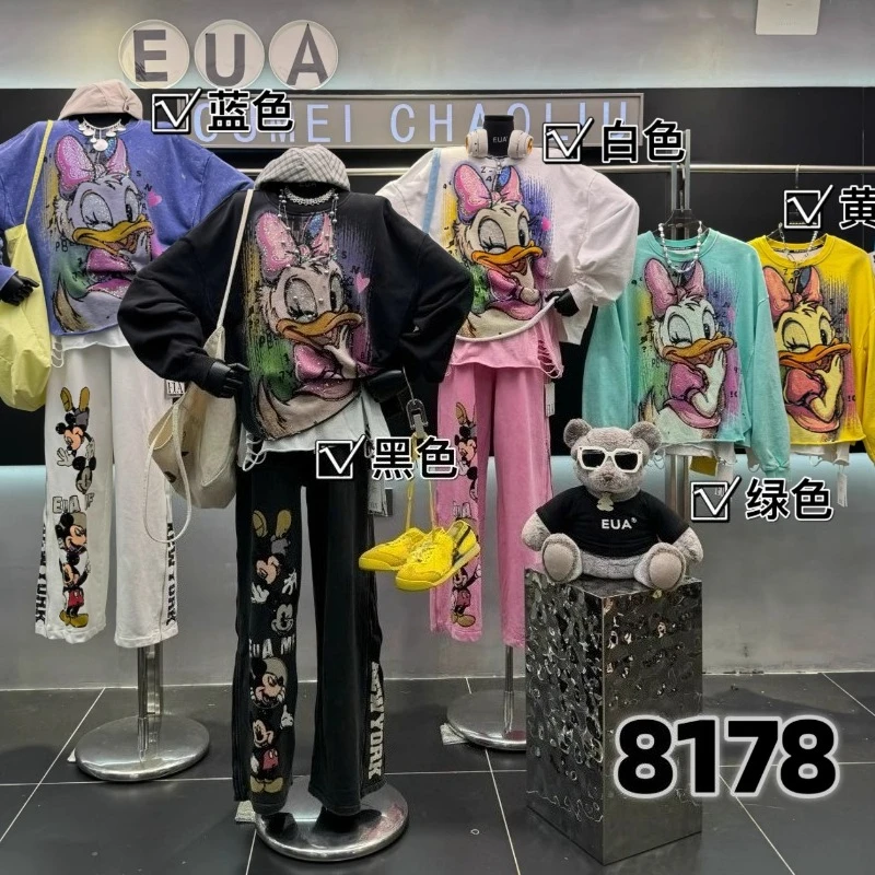 2025 Autumn New Heavy Sequin Cartoon Y2k Sweatshirt For Women's Loose Versatile Fake Two-Piece Pullover Hoodies Jacket Outerwear