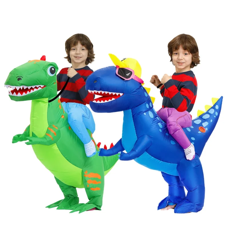 성인 어린이 애니메이션 T-rex 공룡 풍선 의상, 할로윈 푸림 코스프레, 코스튬 녹색 파란색 공룡 코스튬, 재미있는 파티 세트