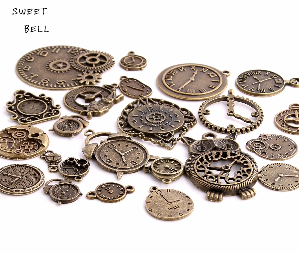 SWEET BELL 20pcs 2 Color Vintage Metal Zinc Alloy Mixed Clock Pendant Charms Steampunk Clock Charms For Diy Jewelry Making