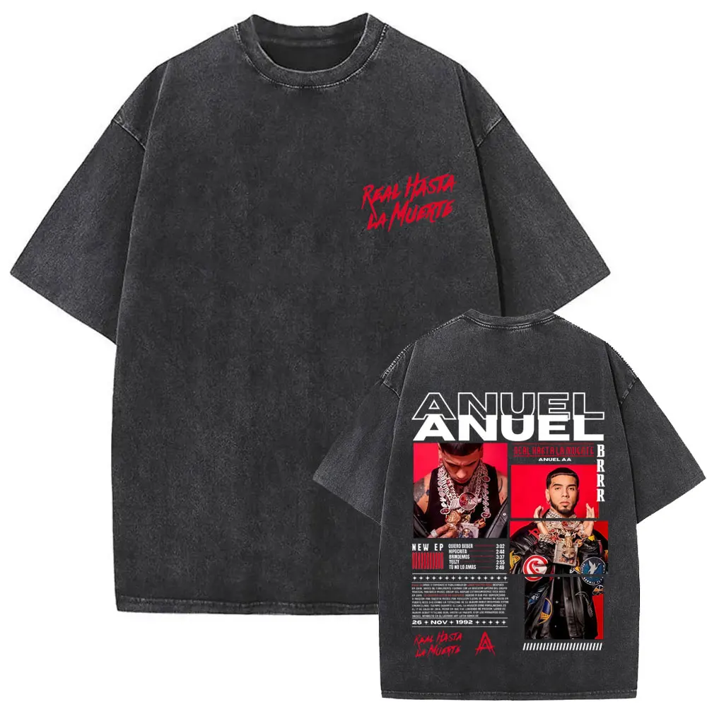 

Washed Vintage Rapper Anuel AA Real Hasta La Muerte Tour 2025 T Shirts Men Women Hip Hop Fashion Oversized T-shirts Streetwear